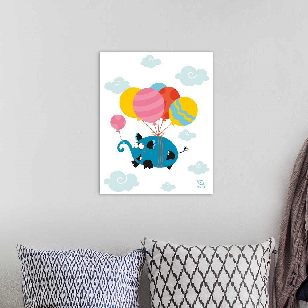 A bohemian room featuring Playful illustration of a blue elephant floating in the clouds with colorful balloons tied to it.