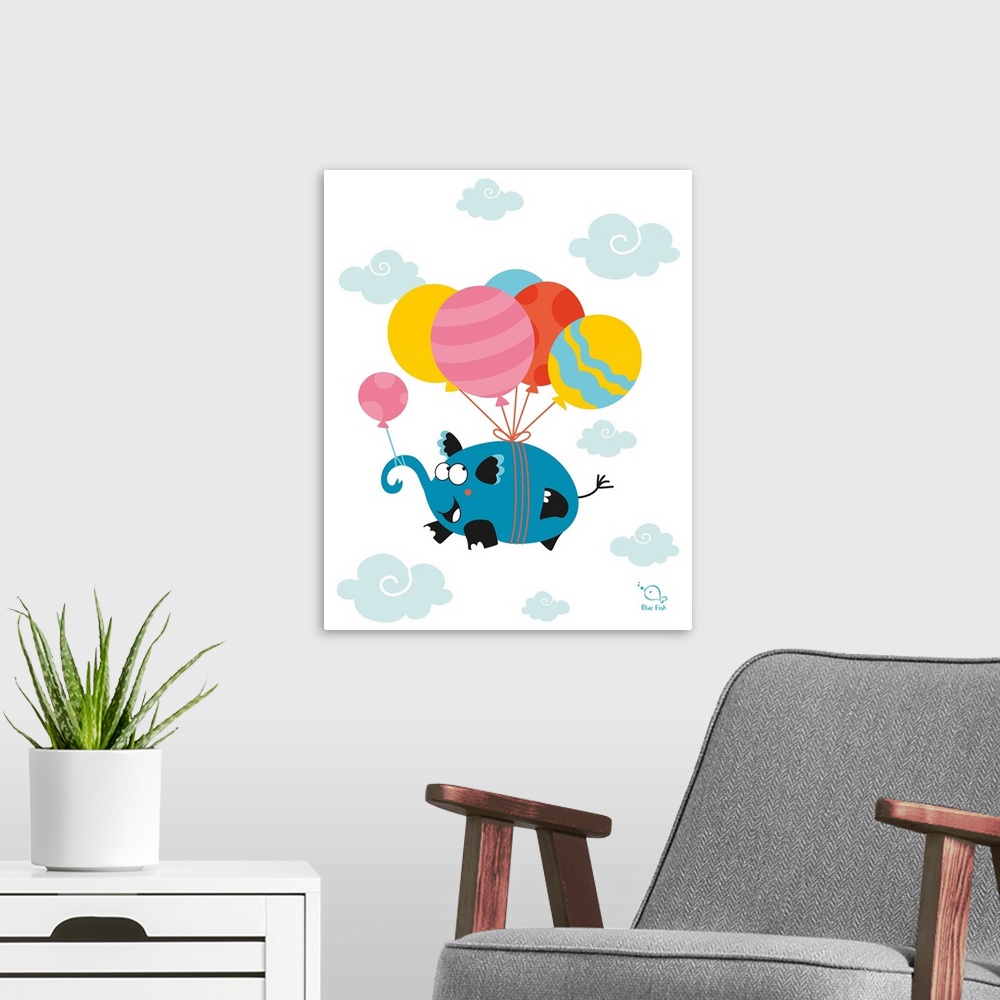A modern room featuring Playful illustration of a blue elephant floating in the clouds with colorful balloons tied to it.