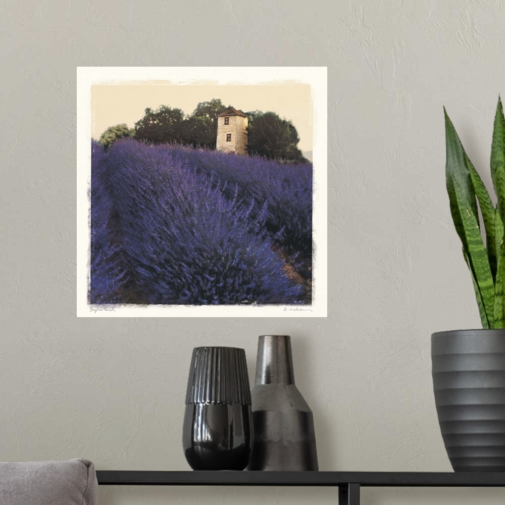A modern room featuring Big canvas art showing a vast field of purple flowers with a small farm or ranch house and forest...