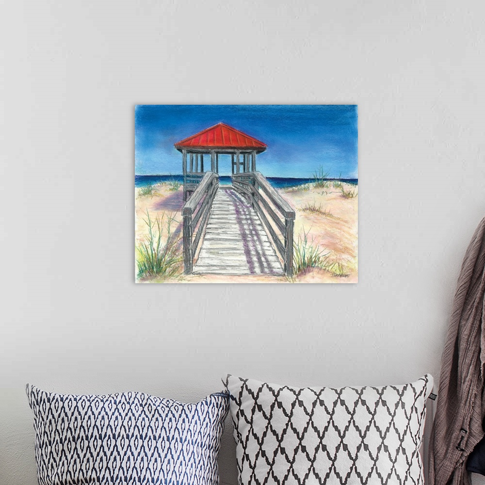A bohemian room featuring Painting of a wooden walkway leading up to a red beach banana with the ocean in the background.