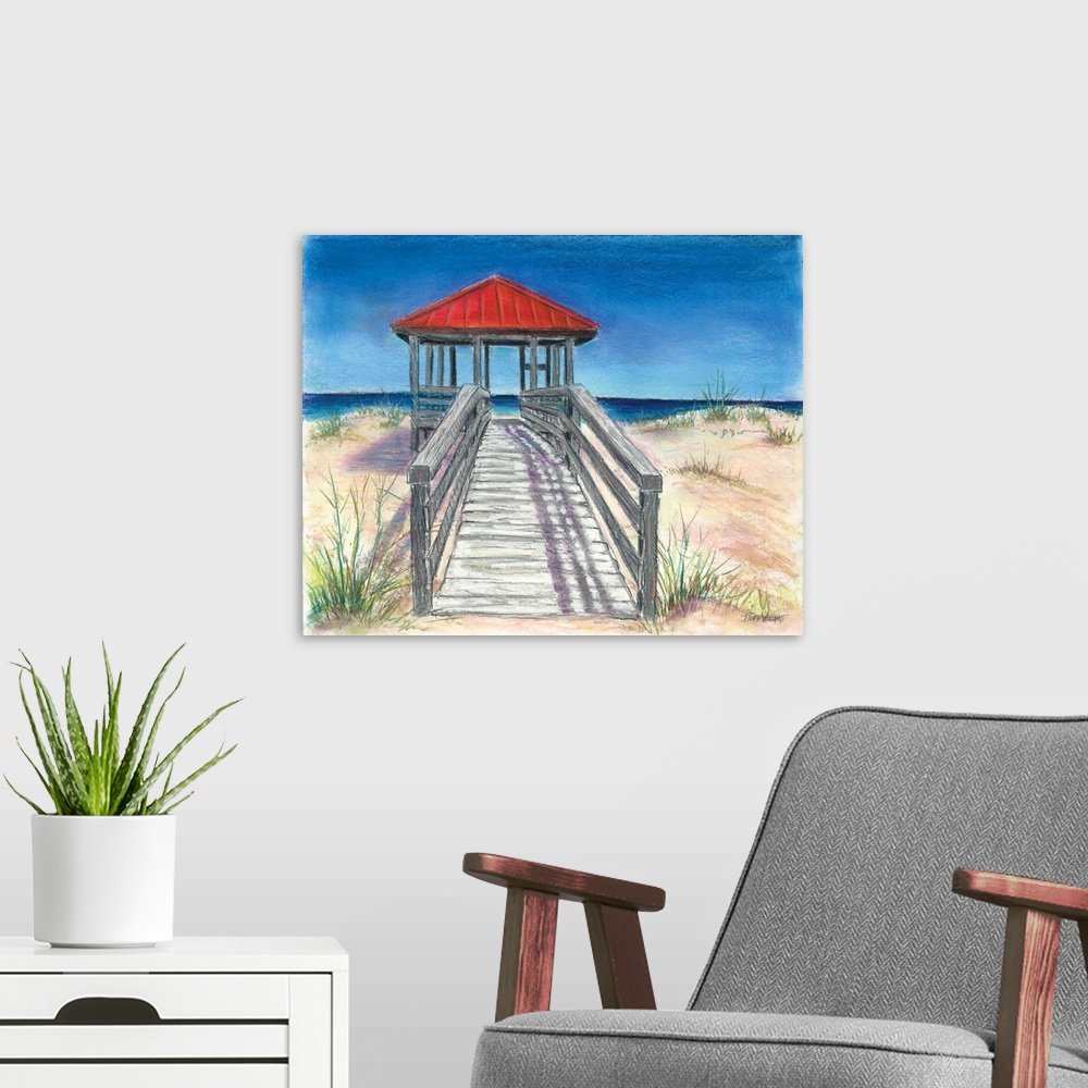 A modern room featuring Painting of a wooden walkway leading up to a red beach banana with the ocean in the background.
