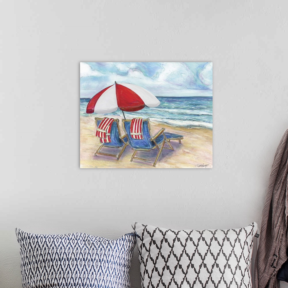 A bohemian room featuring Relaxing beach art with two blue beach chairs that have red and white striped towels on each unde...