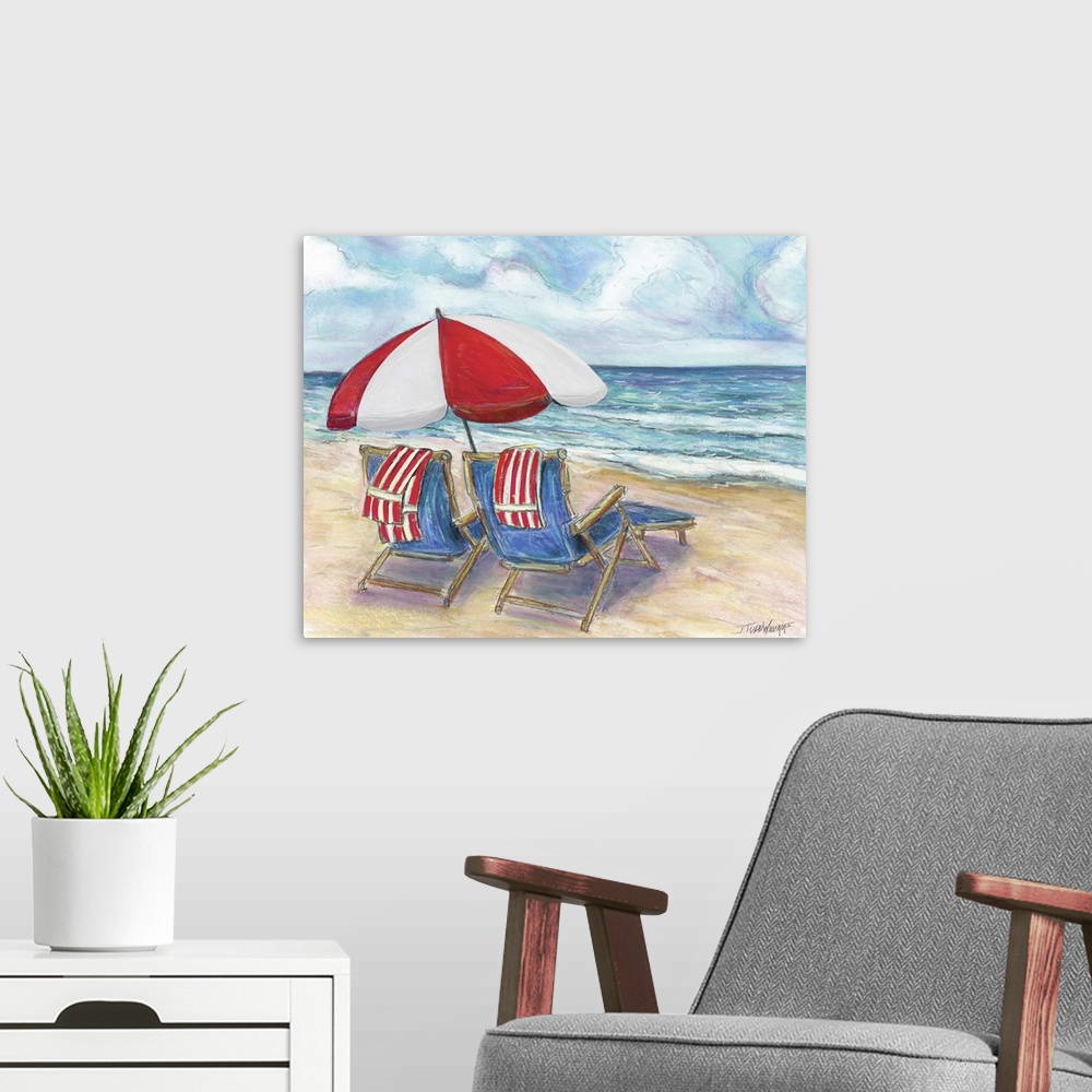 A modern room featuring Relaxing beach art with two blue beach chairs that have red and white striped towels on each unde...