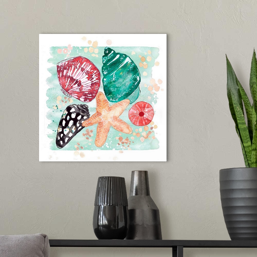 A modern room featuring Watercolor painting of a collection of colorful seashells and a starfish.