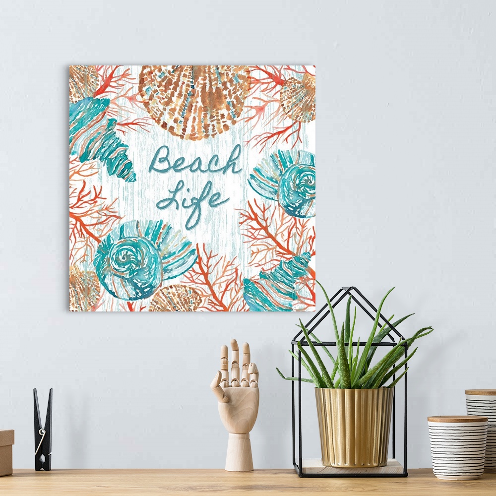 A bohemian room featuring "Beach Life" in blue and coral tones.