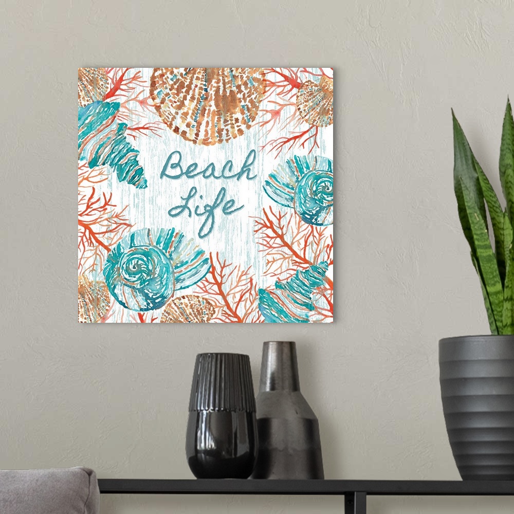 A modern room featuring "Beach Life" in blue and coral tones.