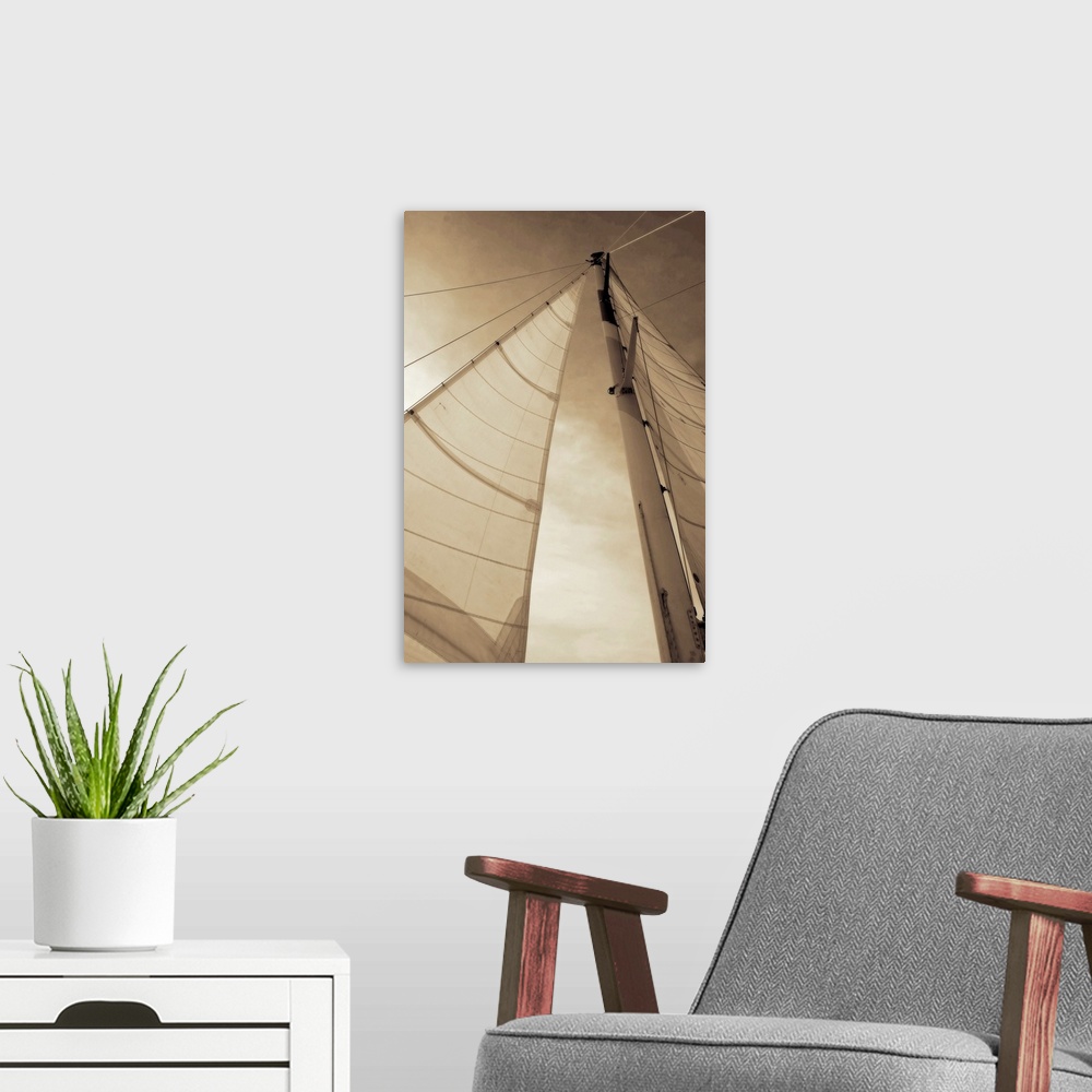 A modern room featuring Vertical, low angle photograph, looking up large sails as the sun shines through them, against a ...