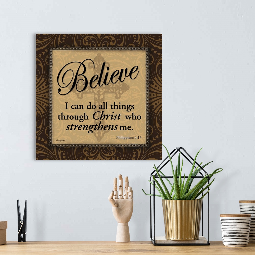 A bohemian room featuring "Believe" "I can do all things through Christ who strengthens me." Philippians 4:13