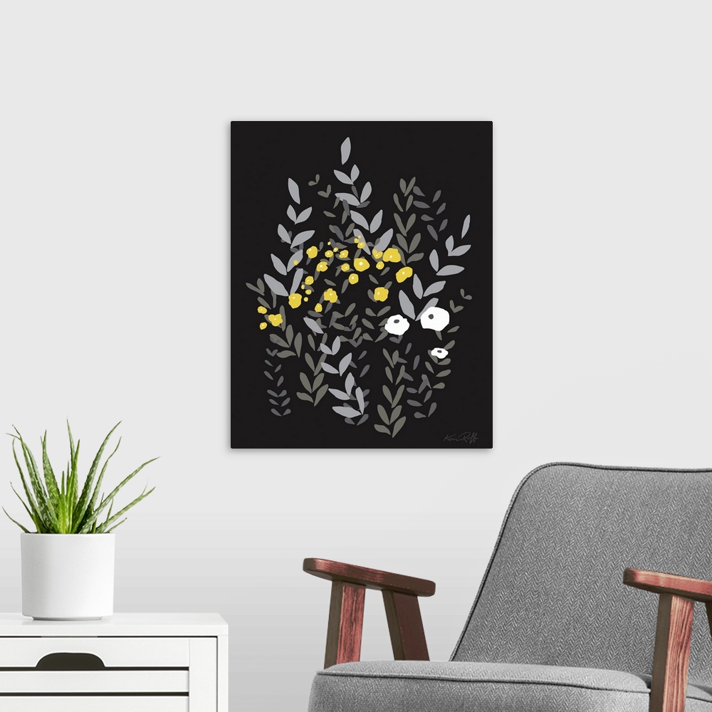 A modern room featuring Large graphic illustration of abstract wildflowers in yellow, white, and gray hues on a solid bla...