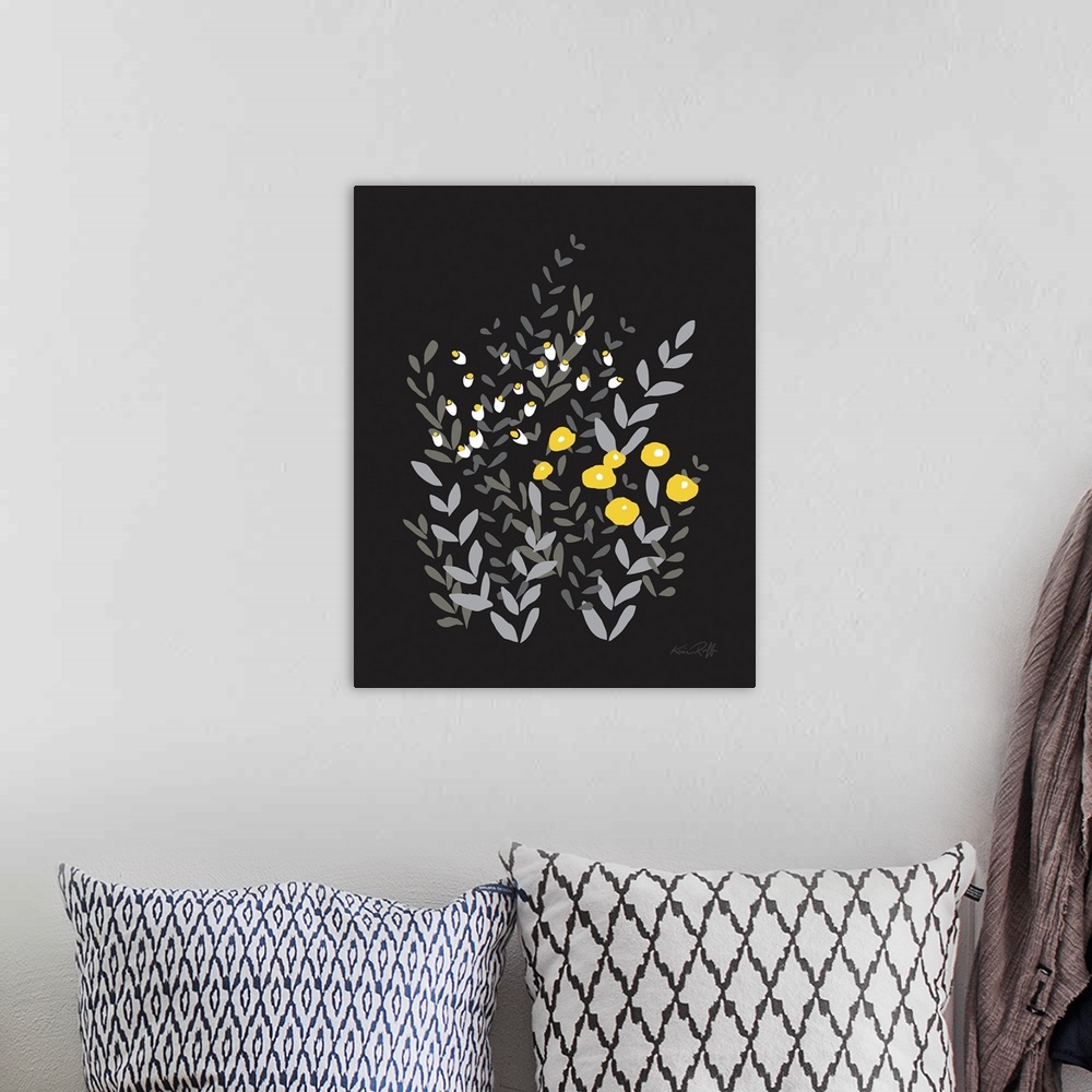 A bohemian room featuring Large graphic illustration of abstract wildflowers in yellow, white, and gray hues on a solid bla...
