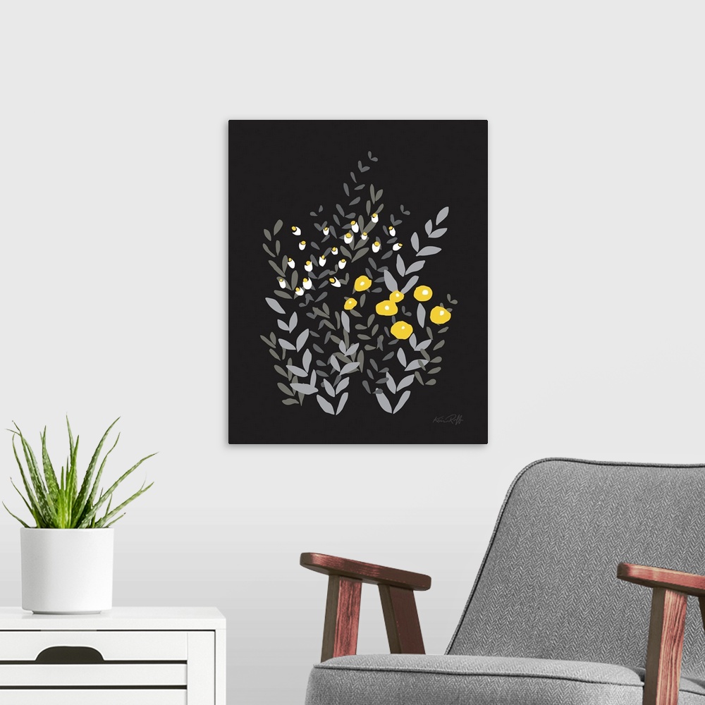 A modern room featuring Large graphic illustration of abstract wildflowers in yellow, white, and gray hues on a solid bla...