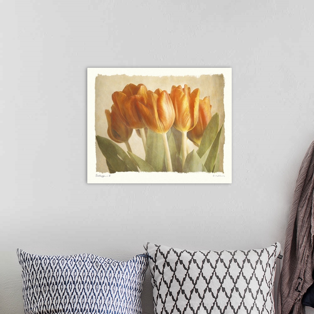 A bohemian room featuring Soft painting of tulips in the middle of a neutral canvas.