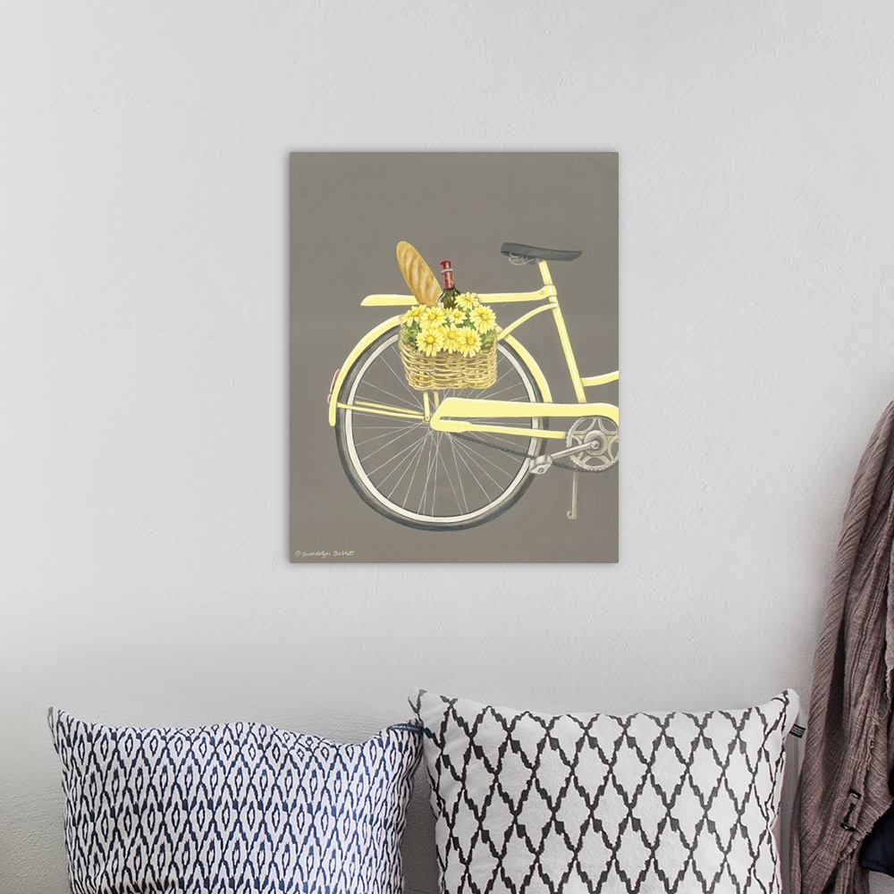 A bohemian room featuring Painting of the rear of a pale yellow beach cruiser with a basket full of yellow flowers, french ...