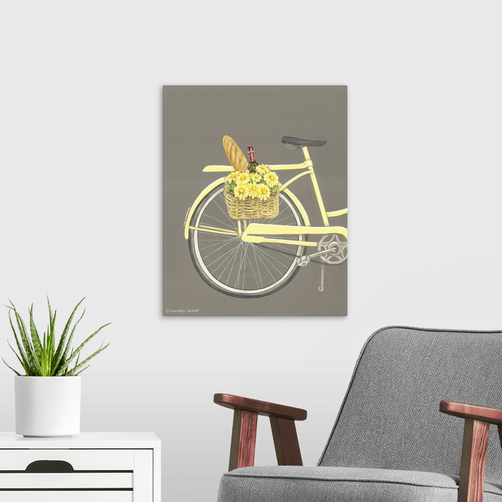 A modern room featuring Painting of the rear of a pale yellow beach cruiser with a basket full of yellow flowers, french ...