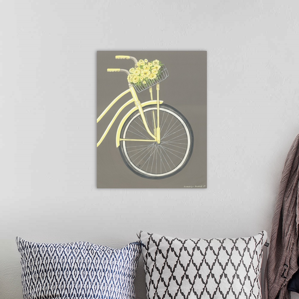 A bohemian room featuring Painting of the front of a pale yellow beach cruiser with a basket full of yellow flowers on a gr...