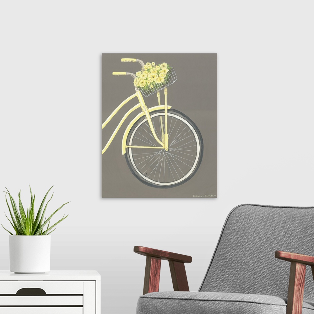 A modern room featuring Painting of the front of a pale yellow beach cruiser with a basket full of yellow flowers on a gr...