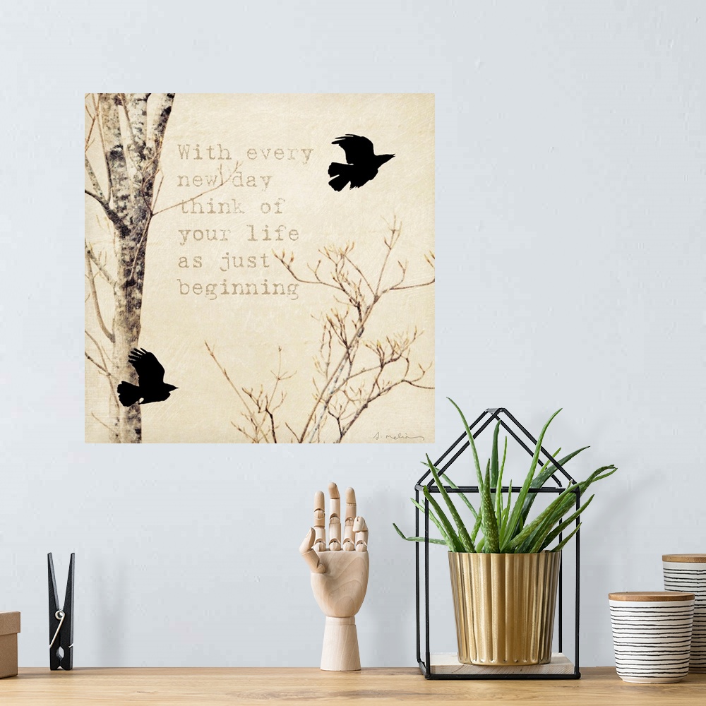 A bohemian room featuring Inspirational mixed media  art piece of a bare tree with two black birds flying by and a message ...