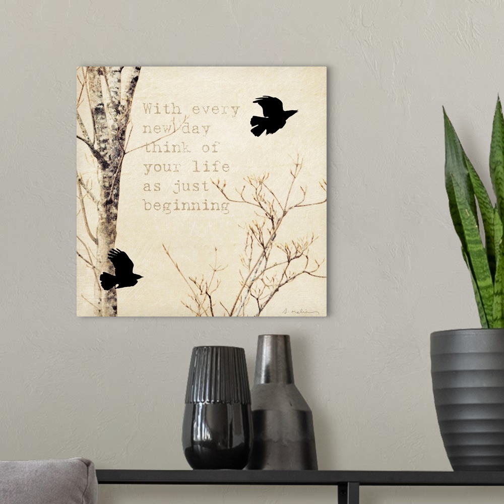 A modern room featuring Inspirational mixed media  art piece of a bare tree with two black birds flying by and a message ...