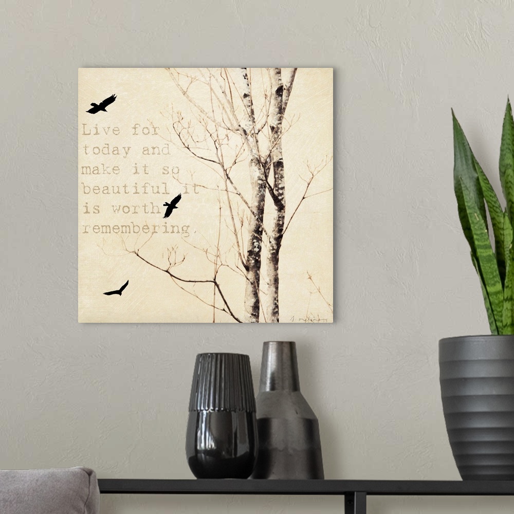 A modern room featuring Square, large wall hanging of two thin trees with bare branches, several birds flying through the...