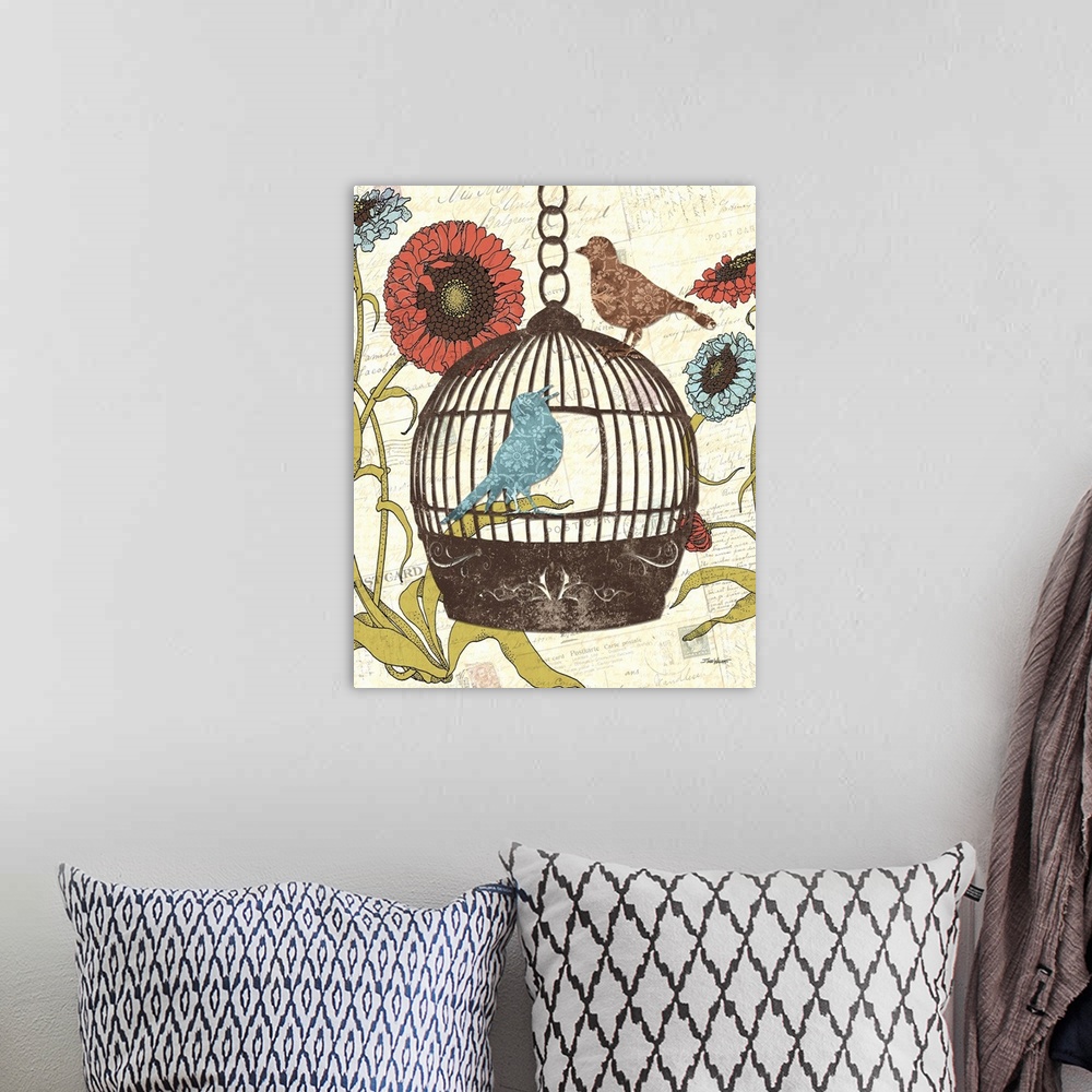 A bohemian room featuring Collage art with blue and red flowers, two birds, and a bird cage on a background created with ol...