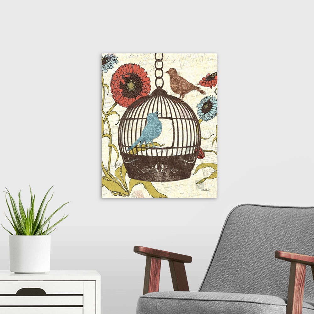 A modern room featuring Collage art with blue and red flowers, two birds, and a bird cage on a background created with ol...