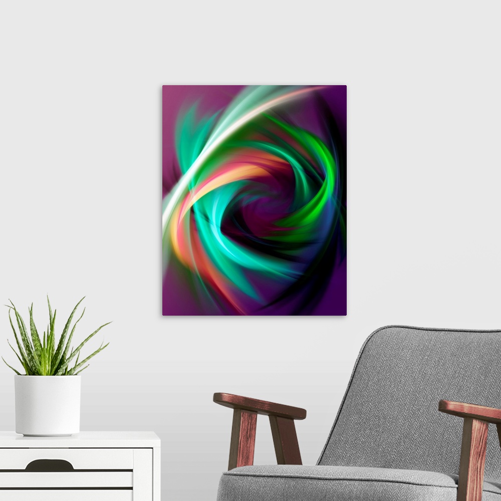 A modern room featuring Oversized abstract wall art for the office or home this artwork shows streaks of color woven toge...