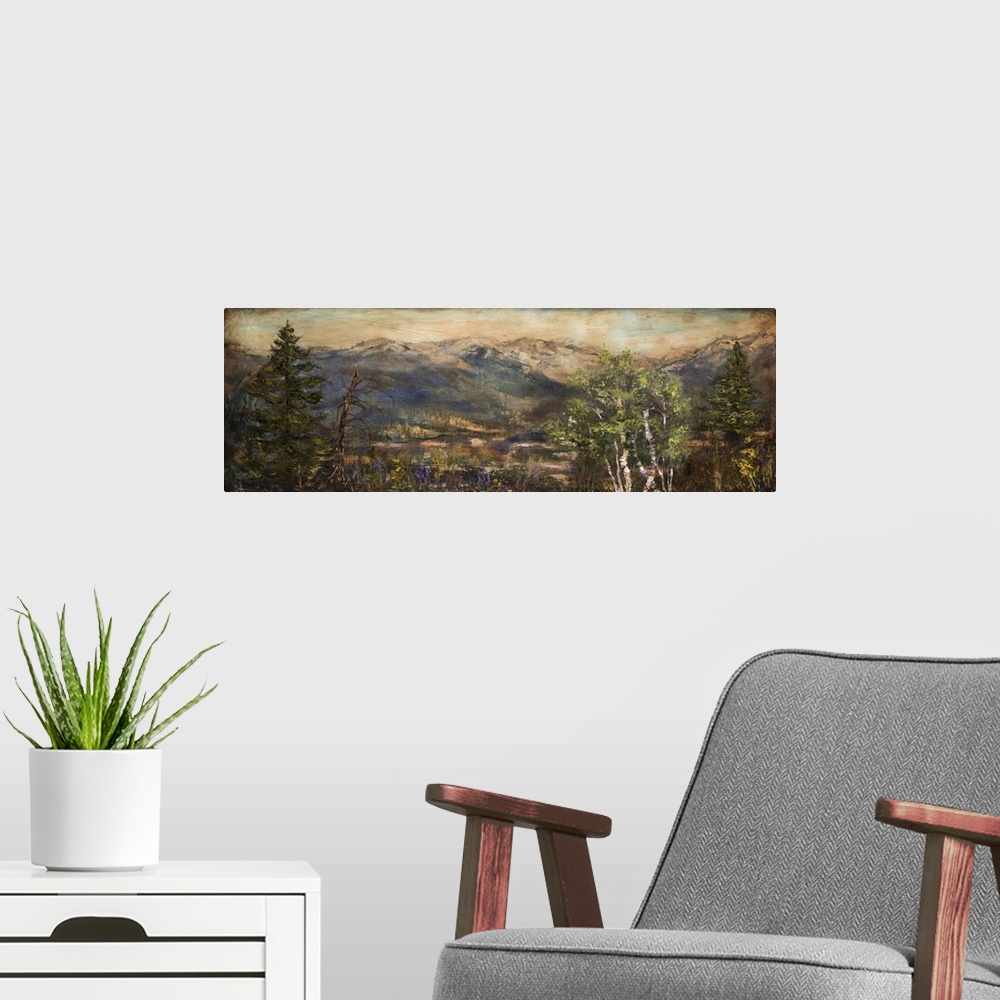 A modern room featuring Wide painting of a mountain scene with  purple and yellow wildflowers and green trees in the fore...
