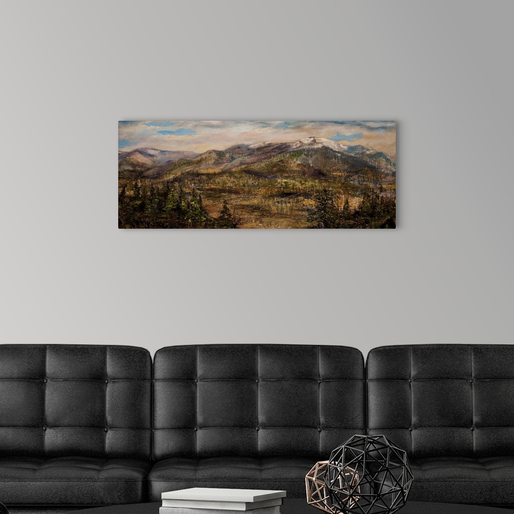 A modern room featuring Contemporary painting of a mountainous landscape in Montana.