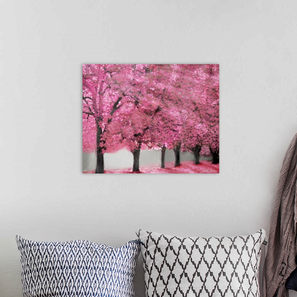 A bohemian room featuring Giant wall docor of blossoming trees in a line.