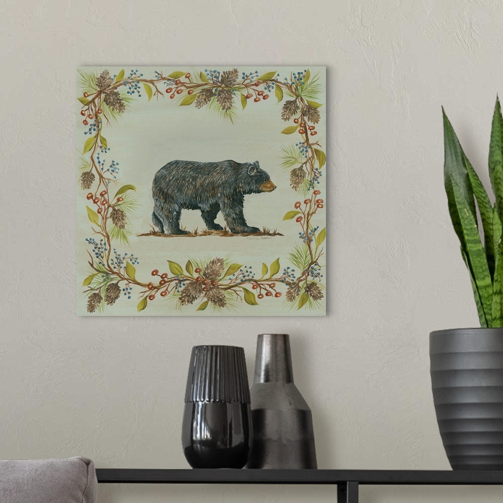 A modern room featuring Square decorative painting of a black bear on a blue-green background with a leafy frame with ber...