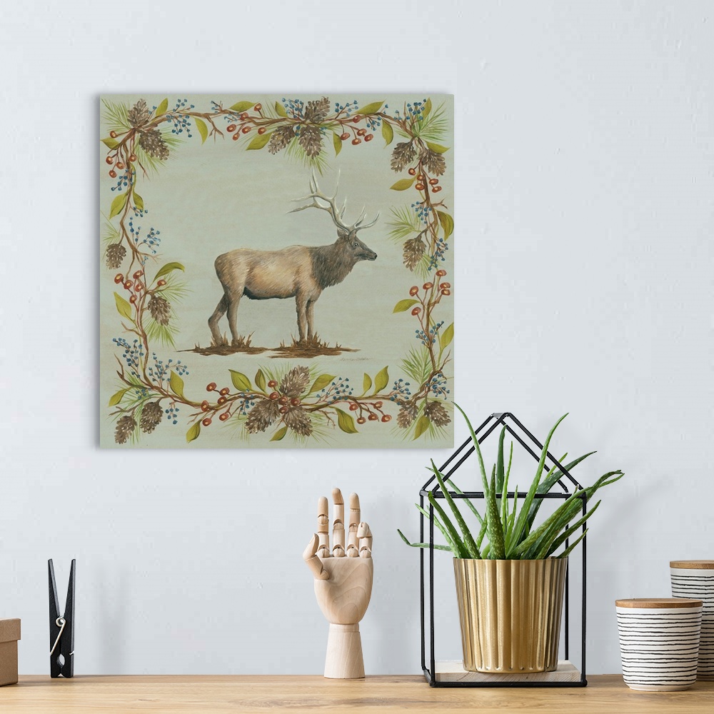 A bohemian room featuring Square decorative painting of an elk on a blue-green background with a leafy frame with berries a...