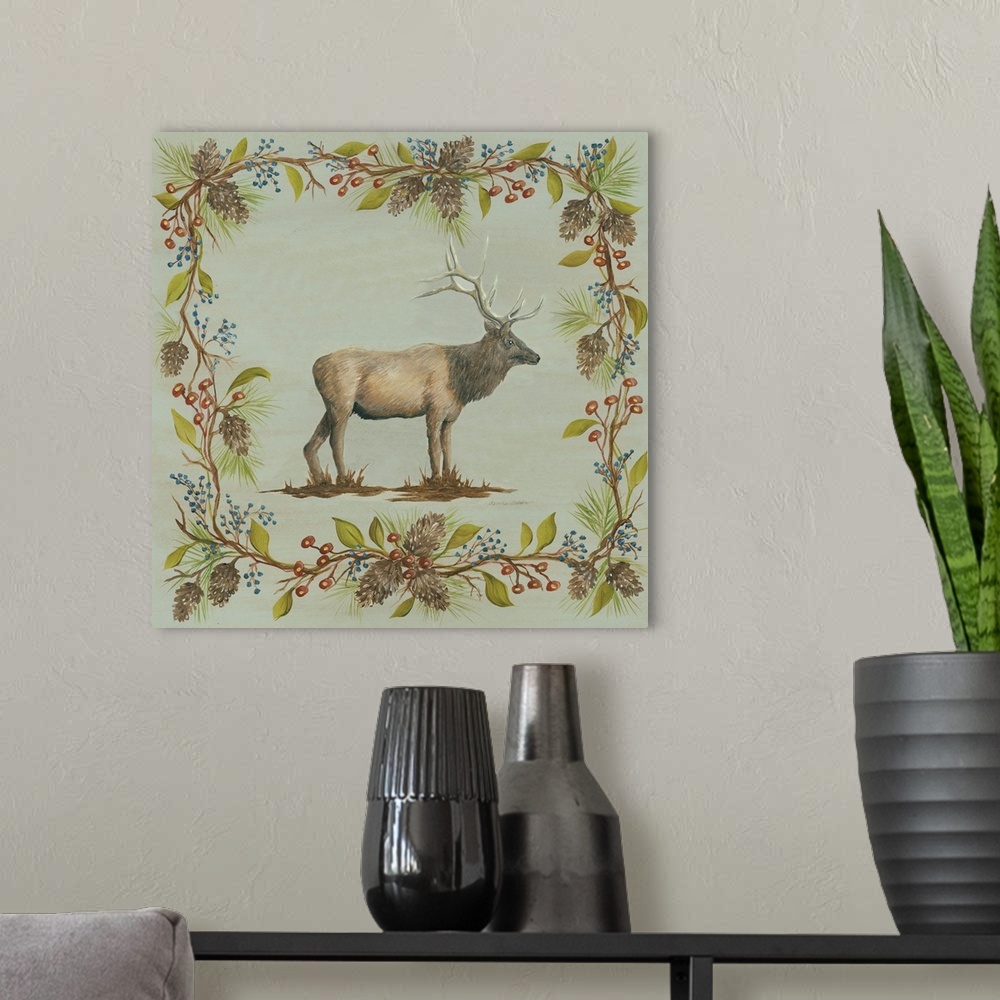 A modern room featuring Square decorative painting of an elk on a blue-green background with a leafy frame with berries a...