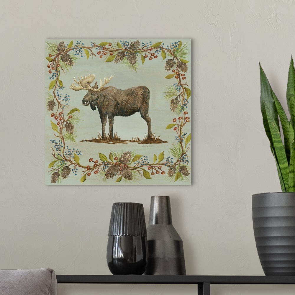 A modern room featuring Square decorative painting of a moose on a blue-green background with a leafy frame with berries ...