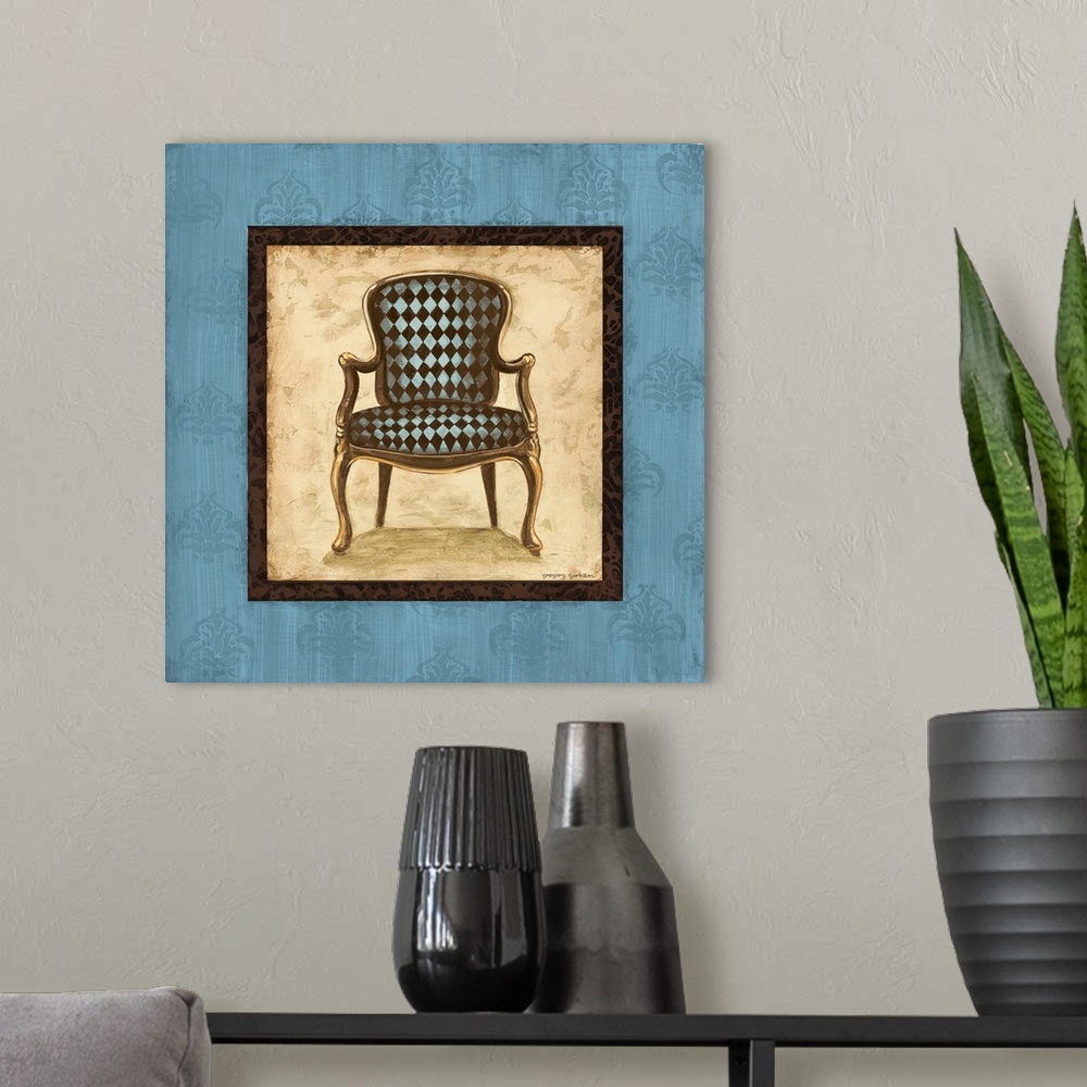 A modern room featuring Square painting with a blue and brown checkerboard chair in the center with a tan background and ...