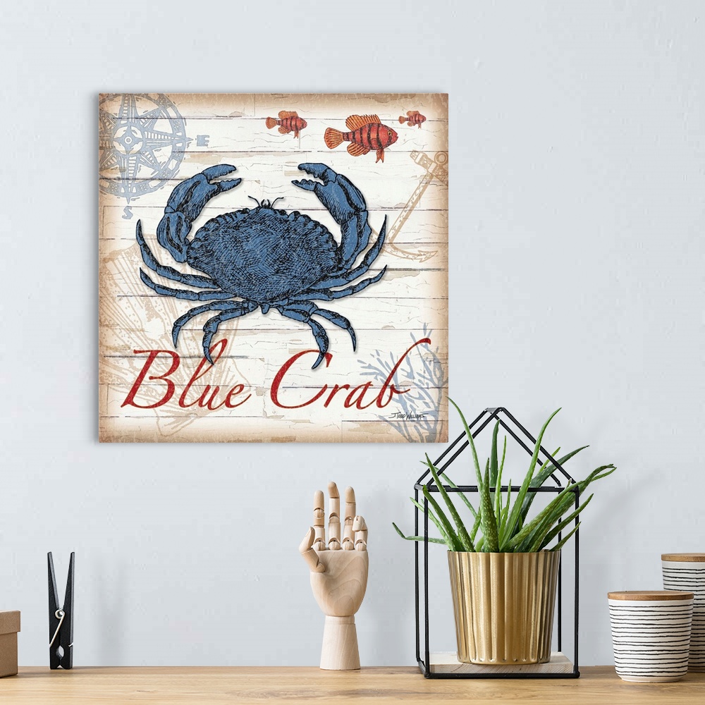 A bohemian room featuring Blue, red, and brown square beach decor with an illustration of a blue crab.
