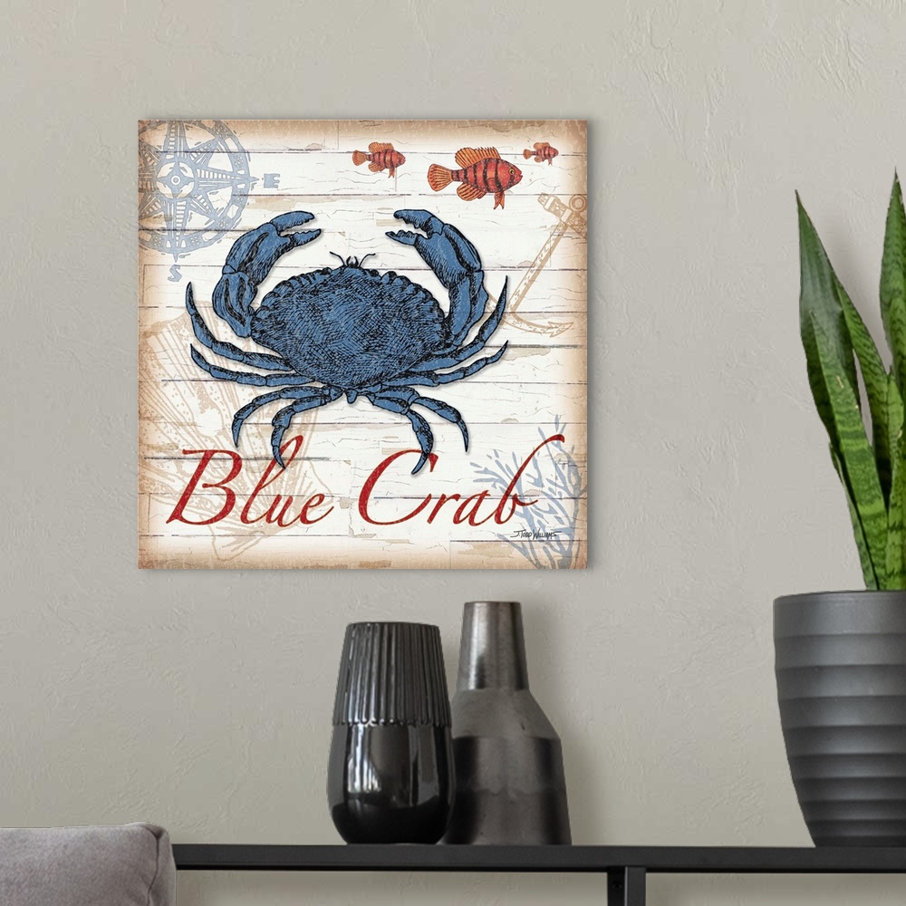 A modern room featuring Blue, red, and brown square beach decor with an illustration of a blue crab.