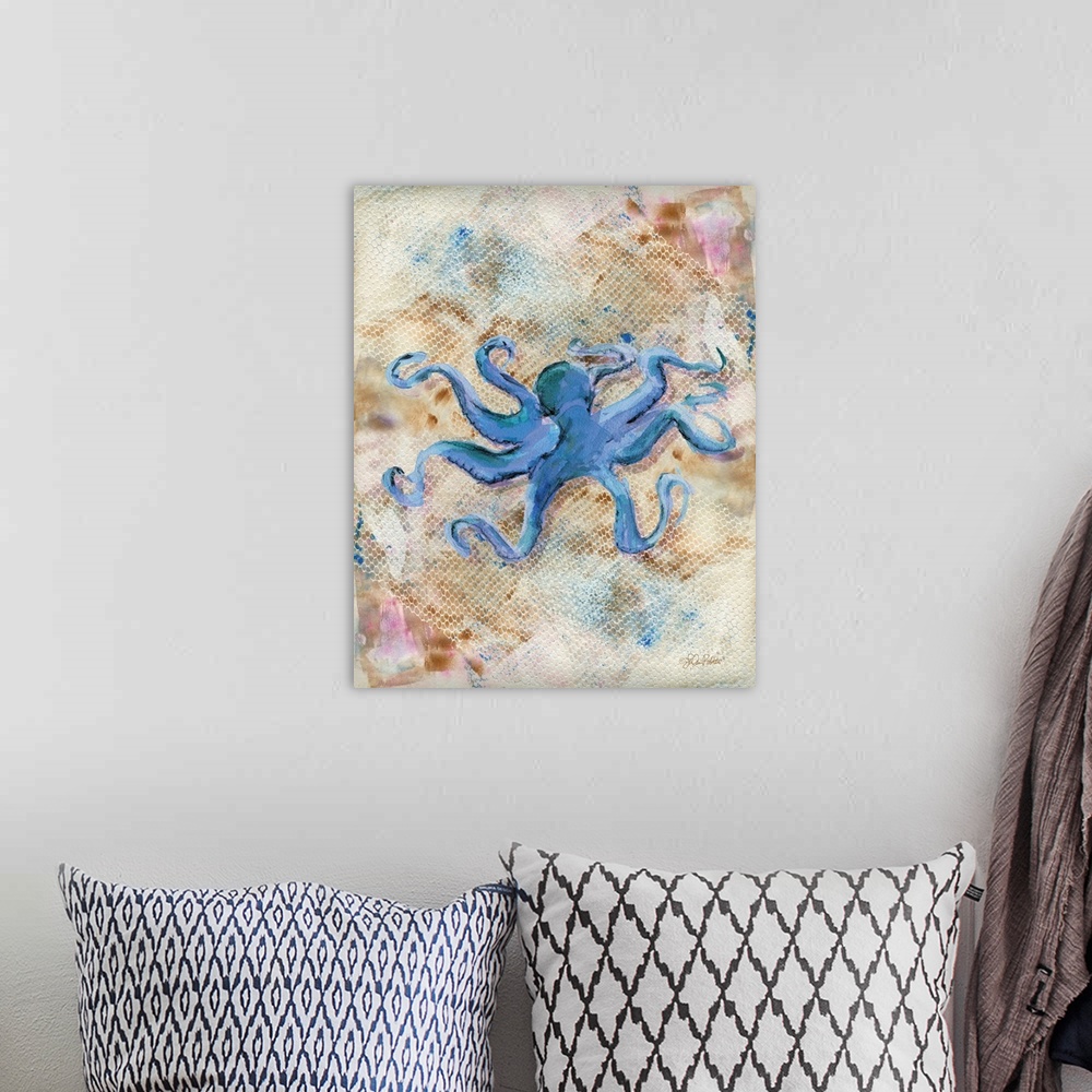 A bohemian room featuring Watercolor painting of an octopus made in shades of blue with a textured white, brown, blue, and ...