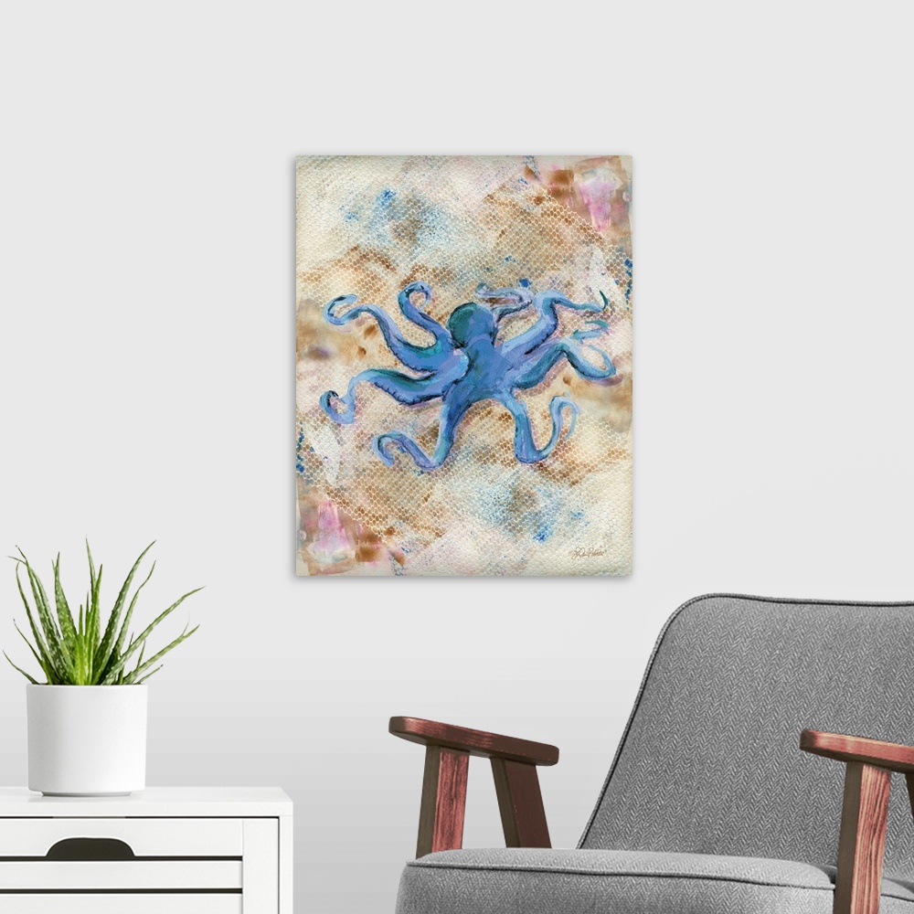 A modern room featuring Watercolor painting of an octopus made in shades of blue with a textured white, brown, blue, and ...