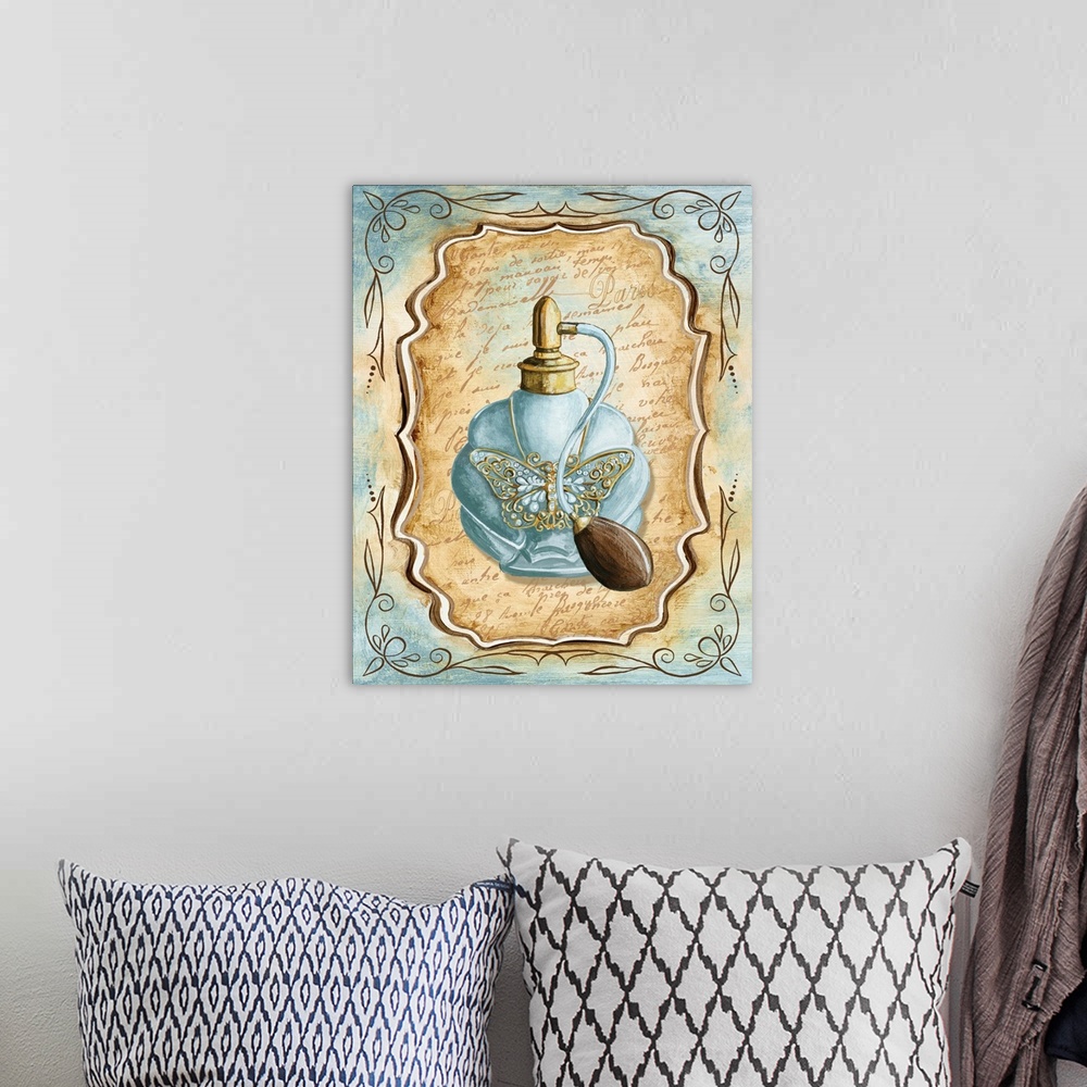 A bohemian room featuring Decorative painting of a perfume bottle with a butterfly pendant in light blue and brown tones.