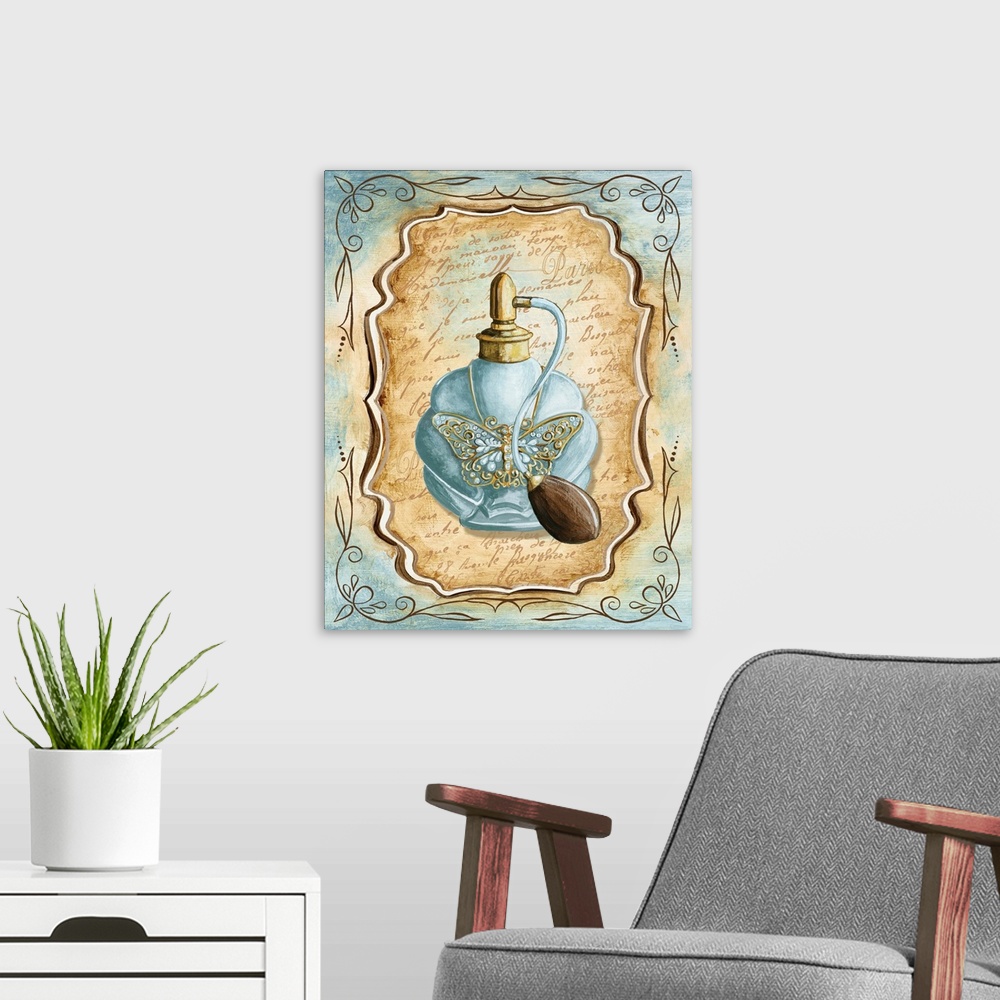 A modern room featuring Decorative painting of a perfume bottle with a butterfly pendant in light blue and brown tones.