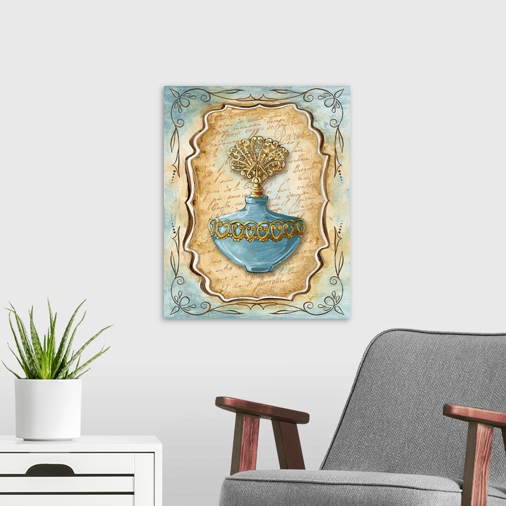 A modern room featuring Decorative painting of a vintage perfume bottle in light blue and brown tones.
