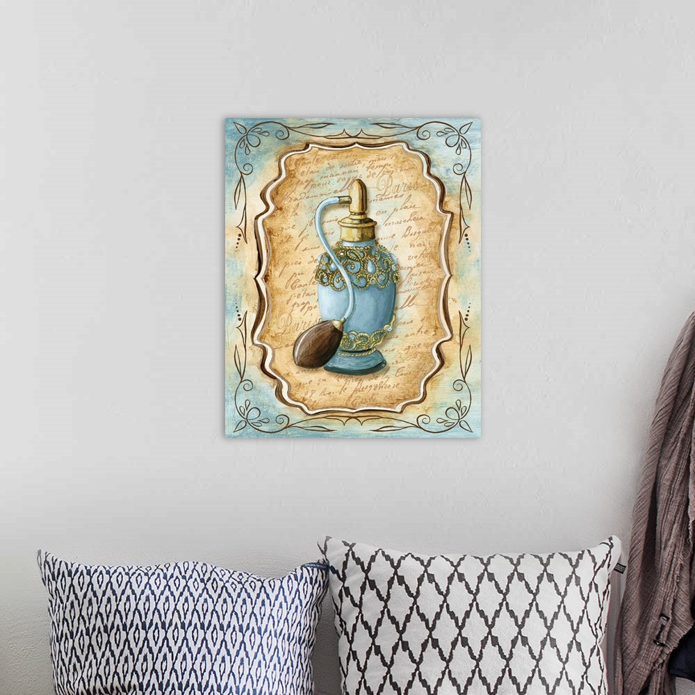 A bohemian room featuring Decorative painting of a vintage perfume bottle in light blue and brown tones.