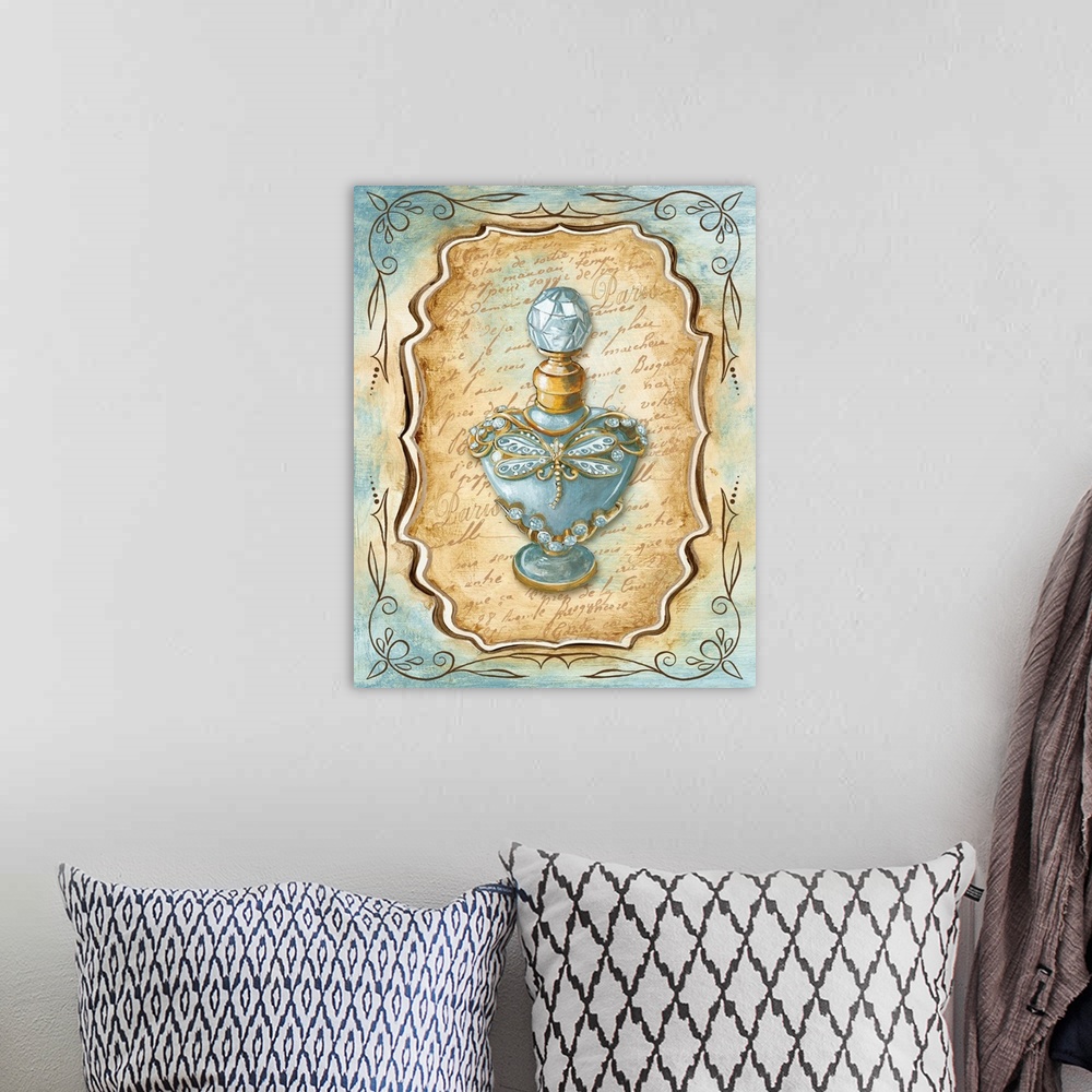 A bohemian room featuring Decorative painting of a perfume bottle with a dragonfly pendant in light blue and brown tones.