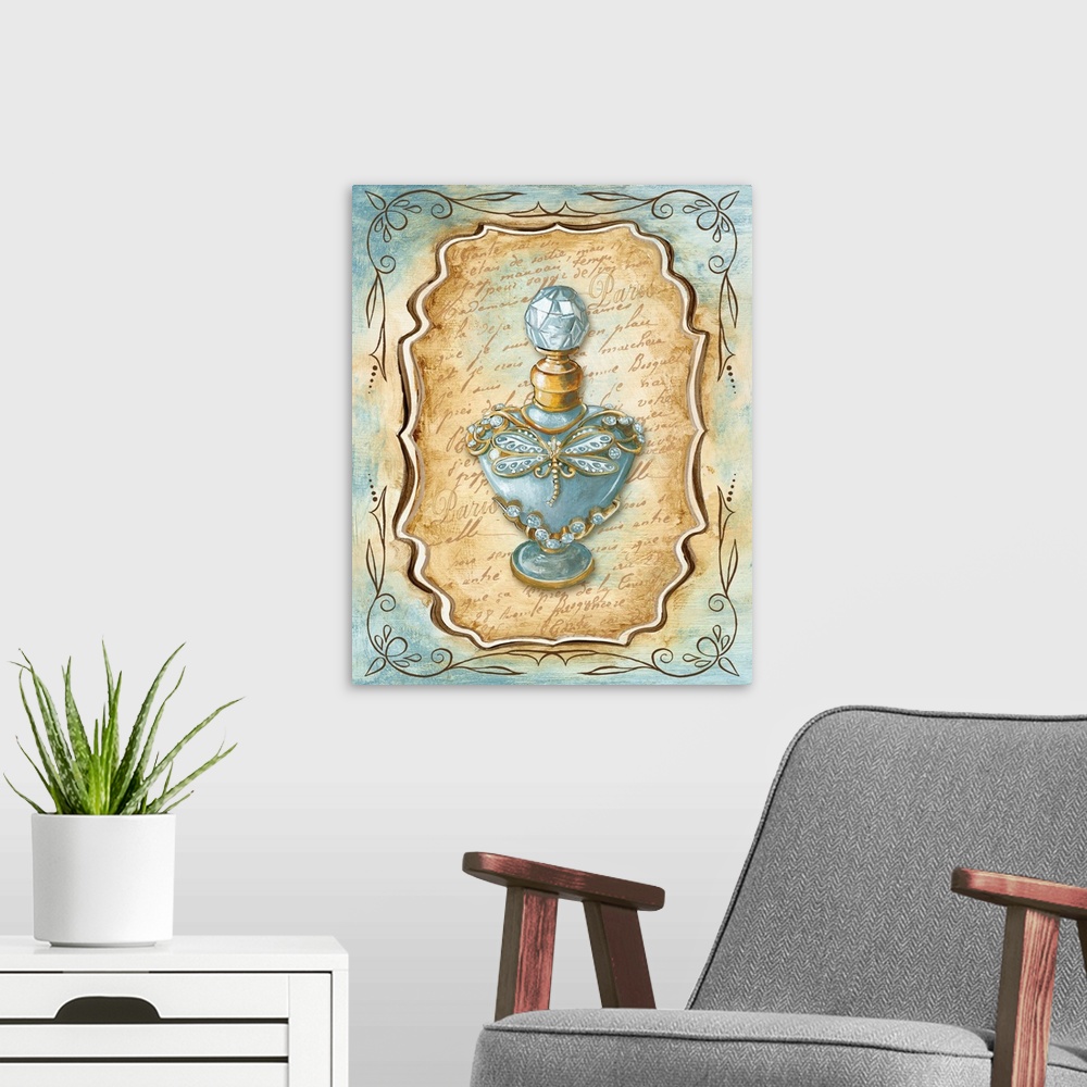 A modern room featuring Decorative painting of a perfume bottle with a dragonfly pendant in light blue and brown tones.