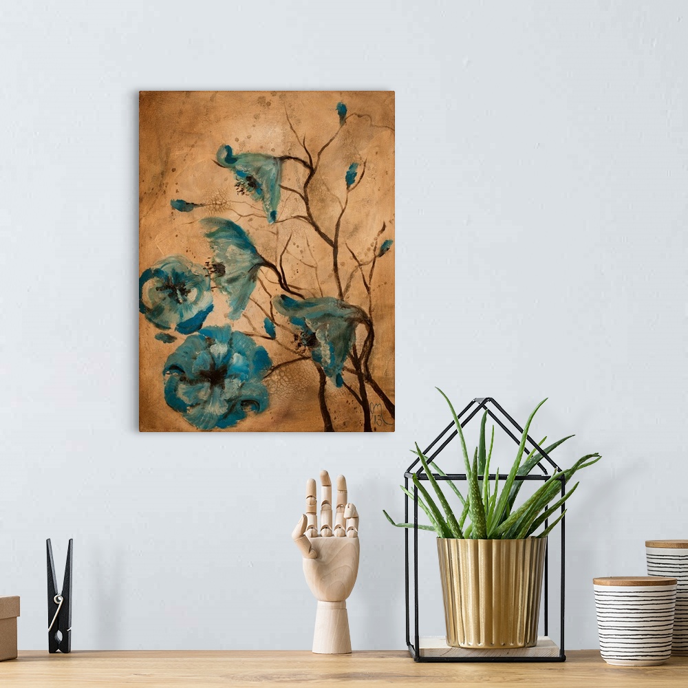 A bohemian room featuring Contemporary painting of blue poppy flowers blowing in the wind on a warm brown background.