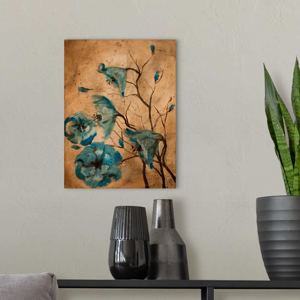 A modern room featuring Contemporary painting of blue poppy flowers blowing in the wind on a warm brown background.