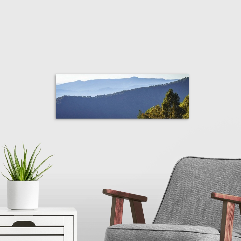 A modern room featuring Panoramic view of the blue hills of the Smokey Mountains in North Carolina.