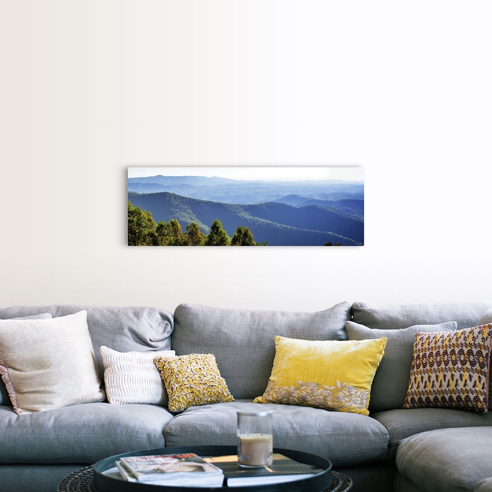 A farmhouse room featuring Panoramic view of the blue hills of the Smokey Mountains in North Carolina.