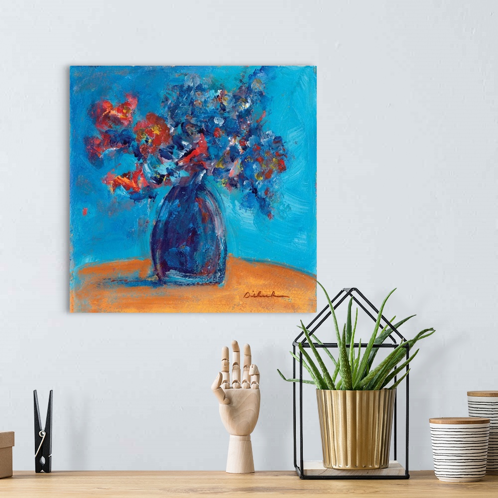 A bohemian room featuring Square abstract painting of a bouquet of flowers in a blue vase.