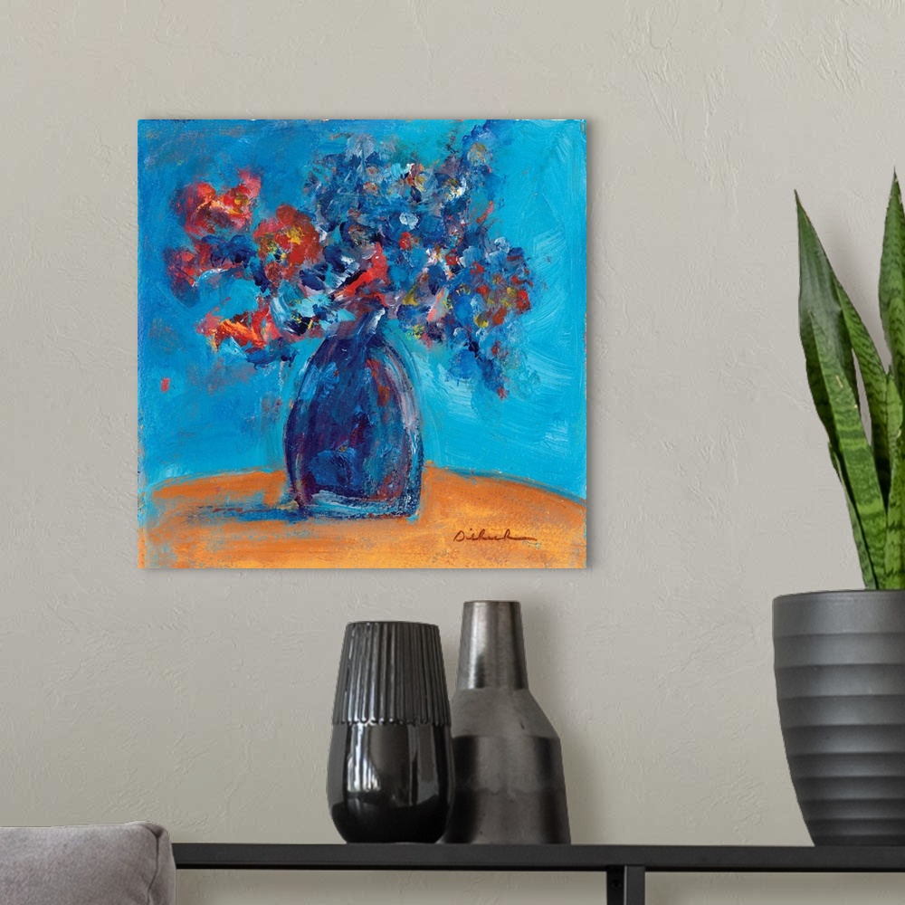 A modern room featuring Square abstract painting of a bouquet of flowers in a blue vase.